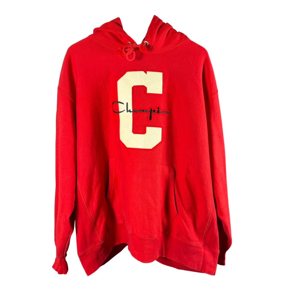 Vintage Champion Reverse Weave Red Hoodie Big C Patch Mens 2XL GF68 Sweatshirt